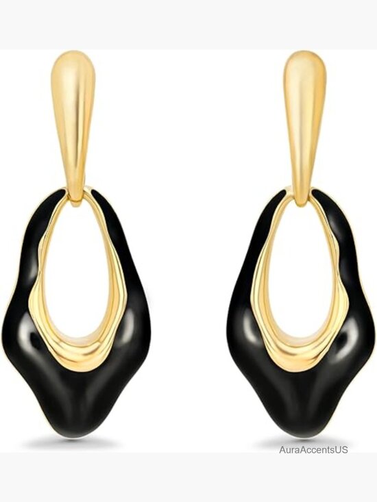 Jewelry - Oval Dangle Irregular 18K Gold Plated Black Enamel Resin Hoops Statement